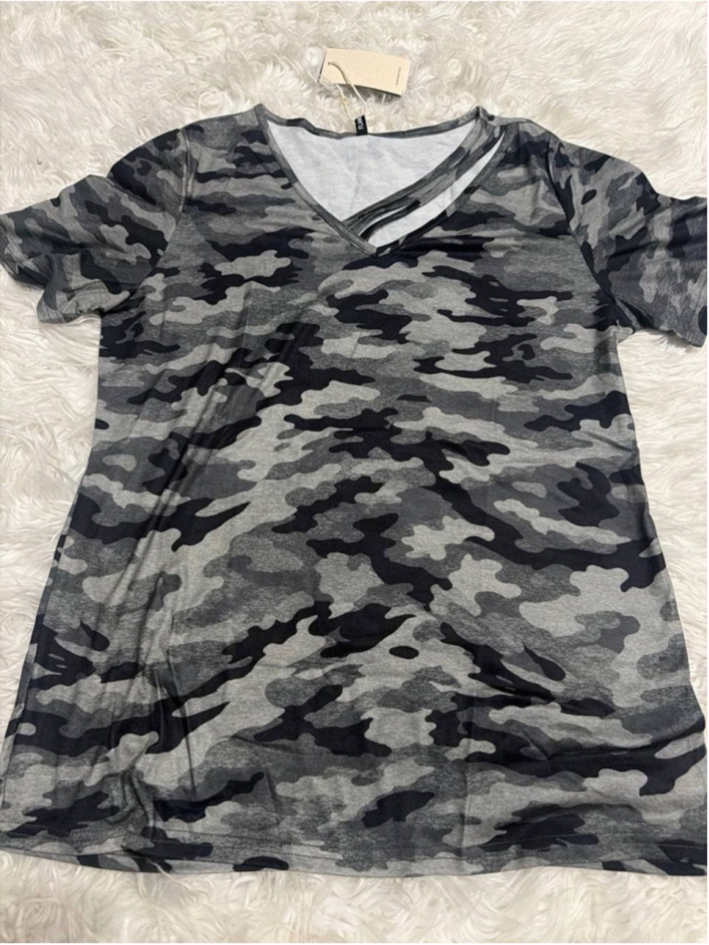 Flamingals Camo Print Strappy V Neck Short Sleeve T-Shirt L